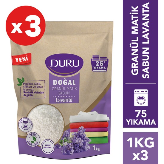 Duru Granül Matik Sabun Lavanta 3x1 Kg 75 Yıkama Leke Çıkarma Gücü ile Doğal Temizlik