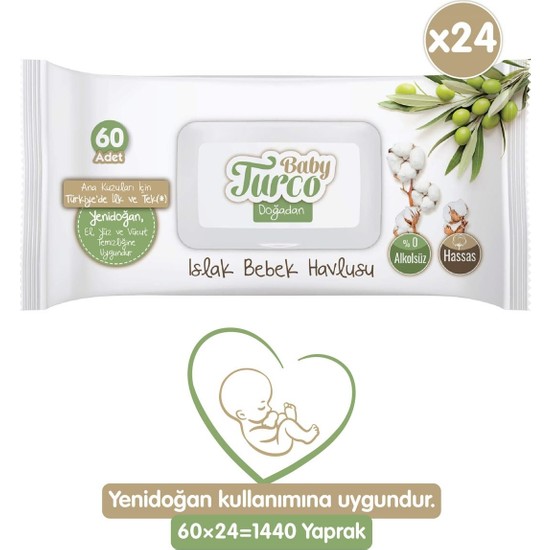 Baby Turco Doğadan Yenidoğan Islak Bebek Havlusu Zeytinyağlı Koku ile 60 Adet x 24'lü