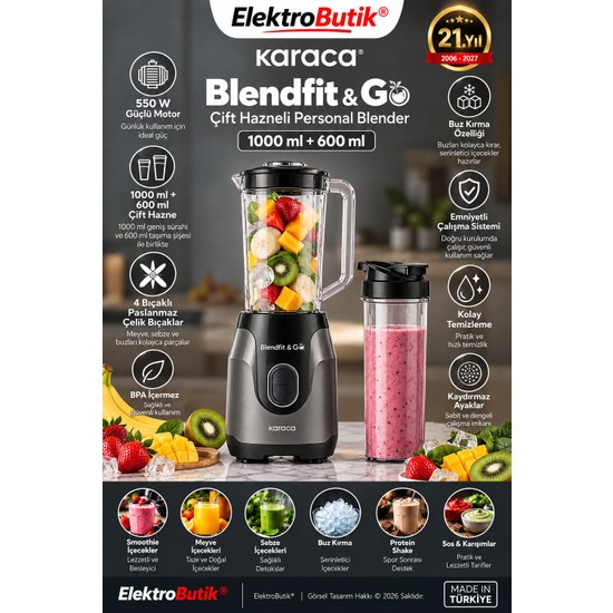 Karaca Sürahili Blendfit Go 1000 ML+600 ml 550 Watt Buz Kırıcılı Smoothie Blender Set Antrasit