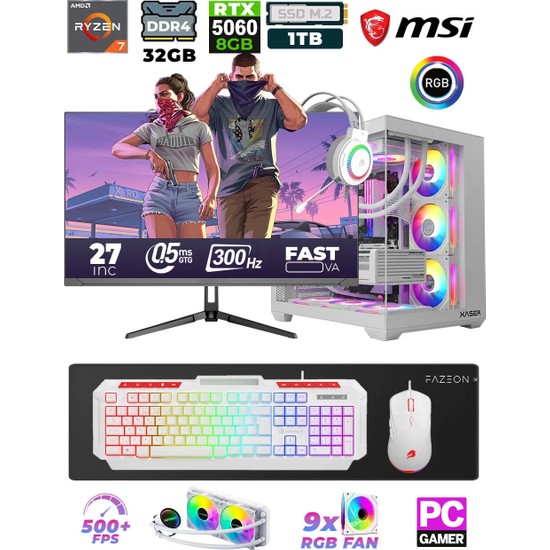 Xaser Sword X55 R7-5700X 32GB Ram /1TB M.2 SSD/8GB GeForce RTX5060/ 27" 300Hz Sıvı soğutmalı Masaüstü Oyuncu Bilgisayarı