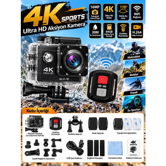 Azurtech 4K Wifi Aksiyon Kamera 16MP Ultra Hd Spor Kamera 170° Geniş Açı Su Geçirmez 30M H.264