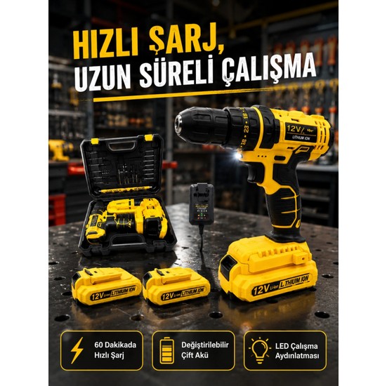 Marsilyan Ev ve Atölye Için 12V Akülü Matkap | Plastik Mandren ve Metal Şanzıman