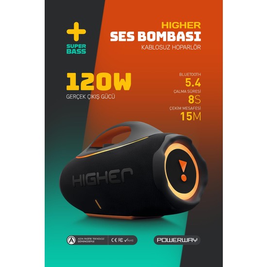 Powerway Higher 120w 4x Güç Usb Hafıza Kartı Aux Led Işıklı Bluetooth Hoparlör 8000 mAh Ses Bombası