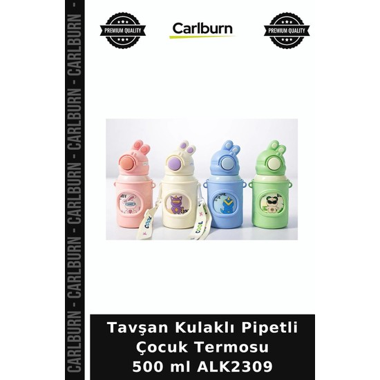 Carlburn Özel Üretim Termos Tavşan Kulaklı Pipetli Çocuk Termosu - 500 ml Paslanmaz Çelik Suluk ALK2309