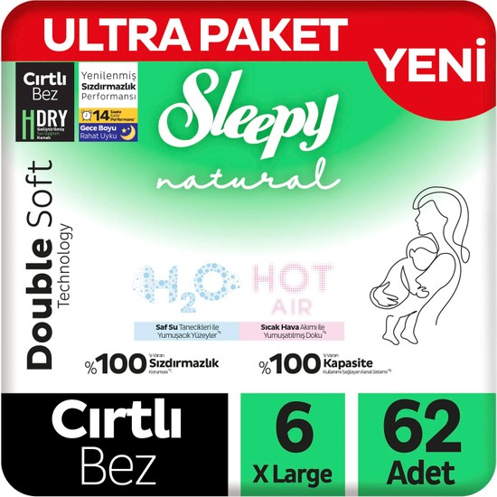 Sleepy Natural Double Soft Ultra Paket Bebek Bezi 6 Numara Xlarge 62 Adet