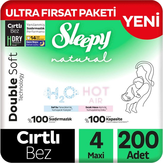 Sleepy Natural Double Soft Ultra Fırsat Paketi Bebek Bezi 4 Numara Maxi 200 Adet