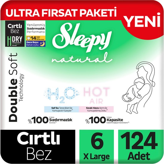 Sleepy Natural Double Soft Ultra Fırsat Paketi Bebek Bezi 6 Numara Xlarge 124 Adet