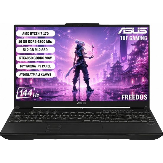 Asus Tuf Gaming A16 FA607NUQ-RL014 Amd Ryzen 7 170 16GB 512GB SSD RTX4050-6GB Freedos 16" Wuxga 144Hz Taşınabilir Bilgisayar
