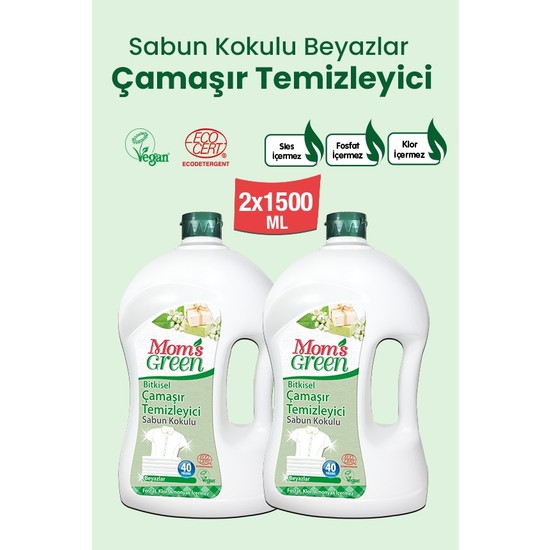 Mom's Green 2'li Set Sertifikalı Bitkisel Çamaşır Temizleyici Beyazlar İçin -Sabun Kokulu 1500 ml x 2 Adet (80 Yıkama)