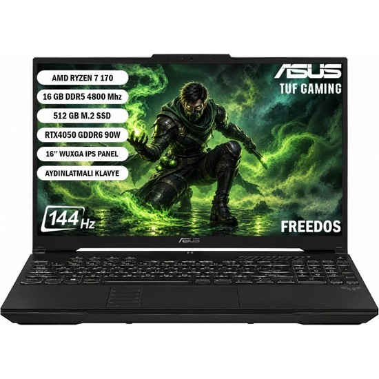 Asus TUF Gaming A16 FA607NUQ-RL048 AMD Ryzen 7 170 16GB 512GB SSD RTX4050 Freedos 16" Taşınabilir Bilgisayar