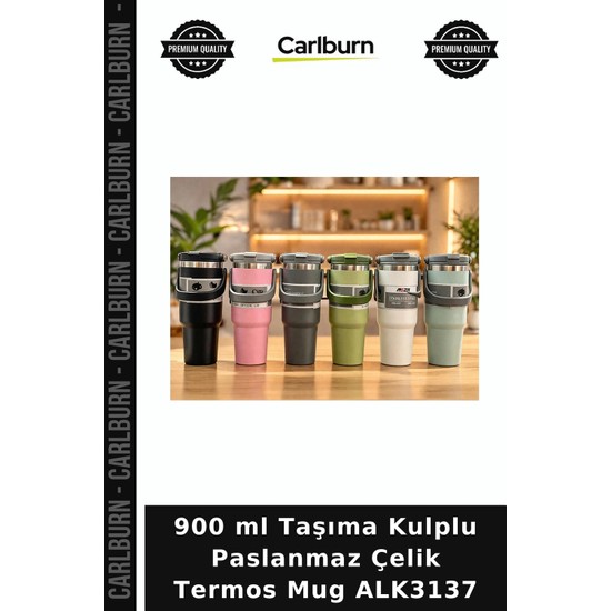 Carlburn Özel Üretim 900 ml Taşıma Kulplu Paslanmaz Çelik Termos Mug - Vakumlu Isı Yalıtımlı Bardak ALK3137