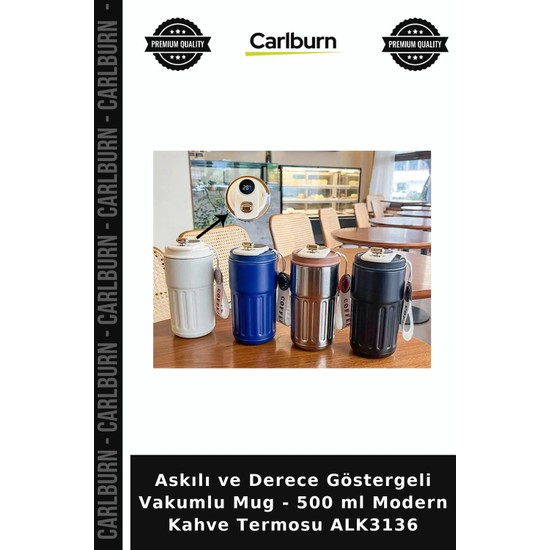 Carlburn Özel Üretim Askılı ve Derece Göstergeli Vakumlu Mug - 500 ml Modern Kahve Termosu ALK3136