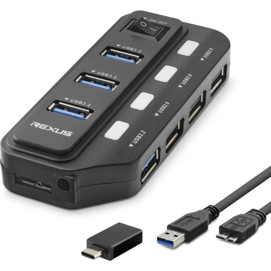 Gees Global Anahtarlı 7 Port USB Hub Type-C 5 Gbps Siyah