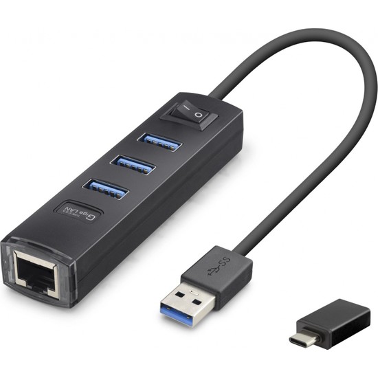 Gees Global Kompakt 4 Port USB Type-C Hub Gigabit Ethernet Siyah