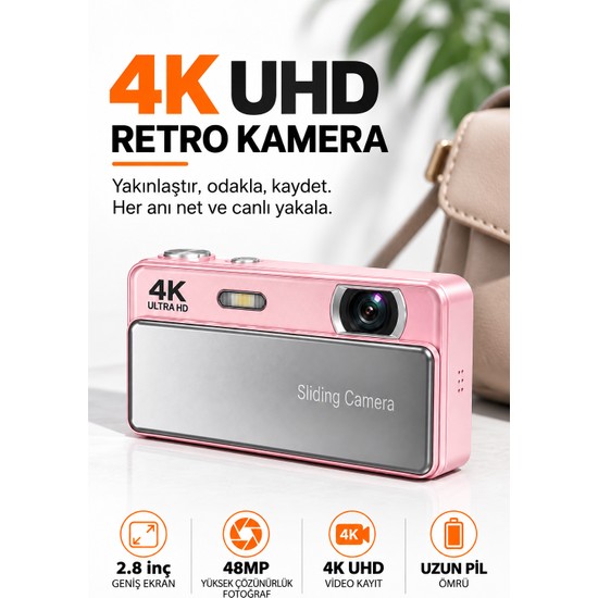 Ayers 4K UHD Dijital Fotoğraf Makinesi, 48 Mp Kompakt Retro Vlog Kamera, 2,8 Inç Ekran, Kızaklı Lens Koruma Kapağı, Flaş, 1050 Mah Batarya ve 64 GB Microsd Kart Dahil