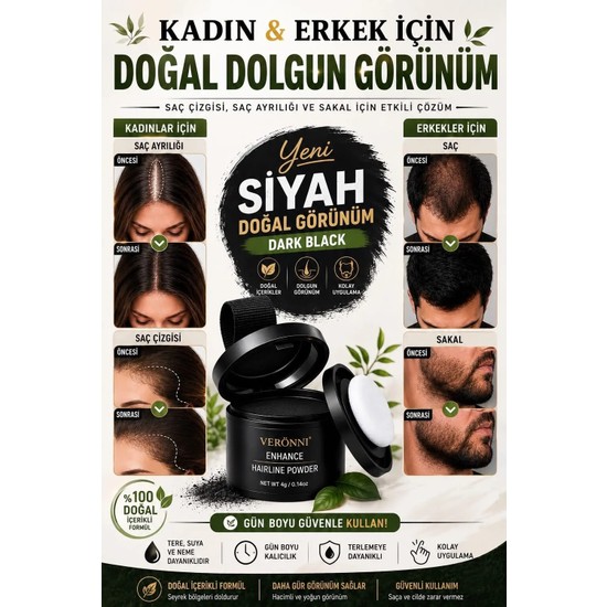 Hb Skin Care Yeni Nesil Saç Dolgunlaştırıcı Siyah Pudra Seyrek Sakal Saçlar için Saç Fiberi / Saç Ve Beyaz Kapatıcı Suda Çıkmaz