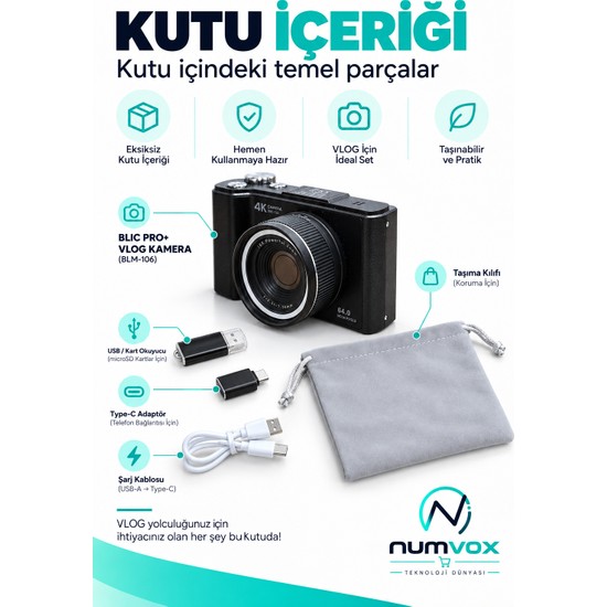 Numvox Blıc Pro+ BLM-106 4K Vlog Kamera 3.0" 180° Flip Ekran 16X Dijital Zoom Type-C 128GB Destekli