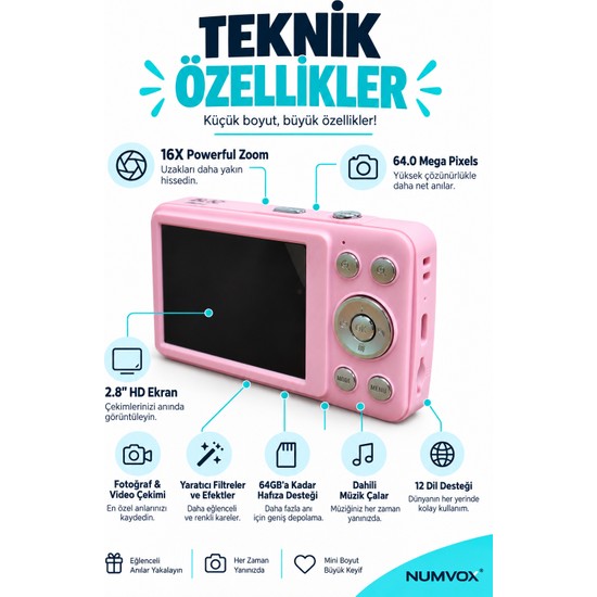 Numvox Blıc Pro+ BLM-105 Mini Dijital Kamera 64MP 2.8" Ekran 16X Zoom Usb-C Fotoğraf / Video Çekim