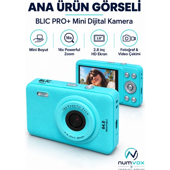 Numvox Blıc Pro+ BLM-105 Mini Dijital Kamera 64MP 2.8" Ekran 16X Zoom Usb-C Fotoğraf / Video Çekim