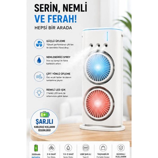 Esranın Dünyası Çift Başlıklı Sprey Fan Nemlendirici ve Renkli LED Işıklı Beyaz