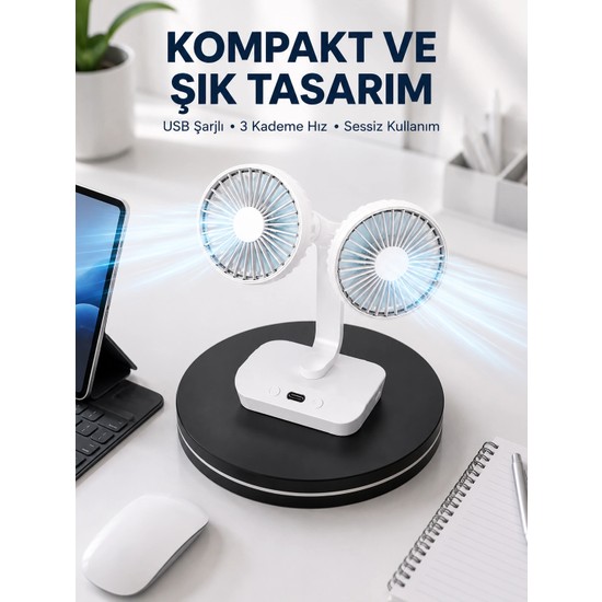 Esranın Dünyası 720° Döner Çift Taraflı Masaüstü Vantilatör – USB Şarjlı Sessiz Fan