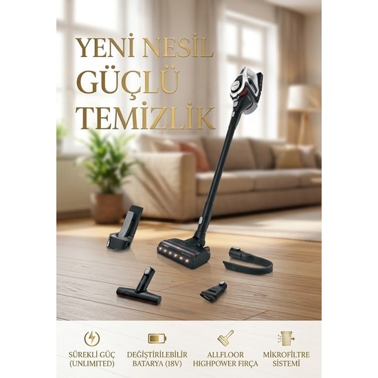 Bosch Unlimited Serie 8 Gen2 Beyaz Kablosuz Şarjlı Dikey Süpürge, Güçlü LED Işıklı Zemin Başlığı,zengin Aksesuar Seti Onerouse Tiftik Makinesi Hediye