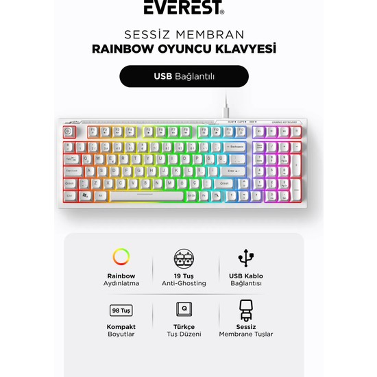 Everest Kb-98 Sessiz Rainbow Q Türkçe Klavye Membrane Oyuncu Klavyesi Gaming Klavye