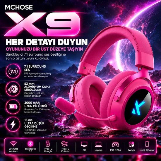 MCHOSE X9 Rose Red 7.1 Surround Kablosuz Gaming Kulaklık (MC-X9-3)