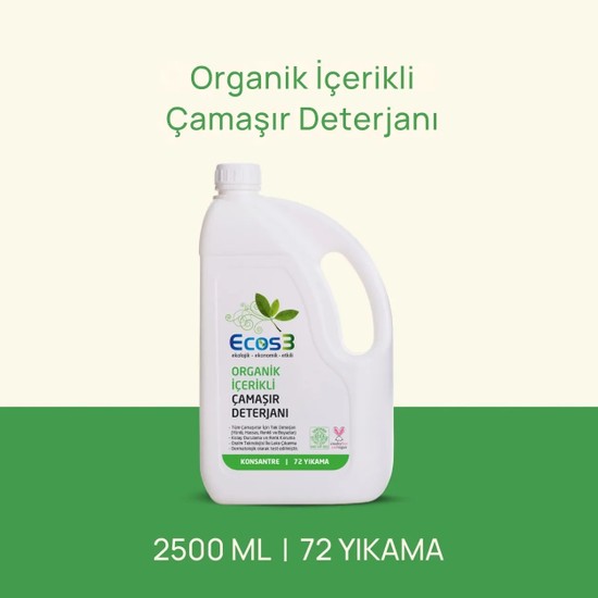 Ecos3 Sıvı Çamaşır Deterjanı, Organik İçerikli & Vegan, Extra Konsantre, 72 Yıkama, 2500ml