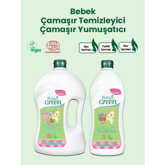 Baby's Green 2'li Set 1500 ml Organik Aloe Veralı Bebek Çamaşır Deterjanı 40 Yıkama - 750 ml Organik Aloe Veralı Yumuşatıcı
