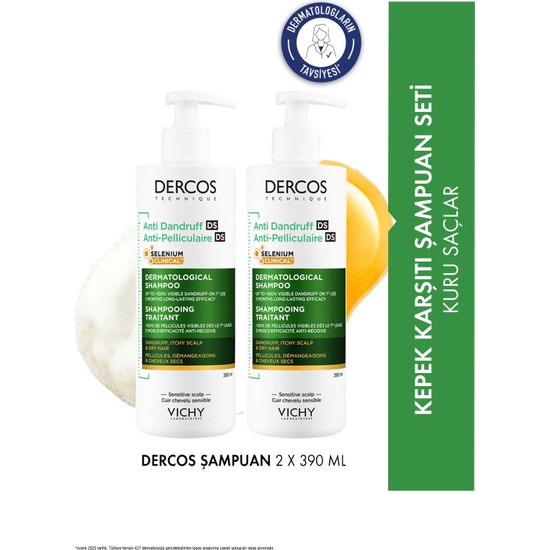Vichy Dercos Kepeğe Karşı Etkili Bakım Kuru Saç Derisi Şampuanı 390 x 2