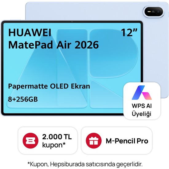 Huawei Matepad Air 12" 20GB(12+8) 256GB Papermatte OLED Tablet - Bulut Mavisi + Klavye + M-Pencil Pro