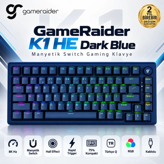 Gameraider K1 He Dark Blue Ultra-Fast Lime Manyetik Switch 8k Hz Türkçe Kablolu Gaming Klavye