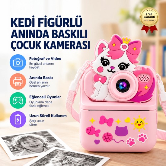 Hızlı Store Kedi Figürlü Anında Baskılı Çocuk Kamerası