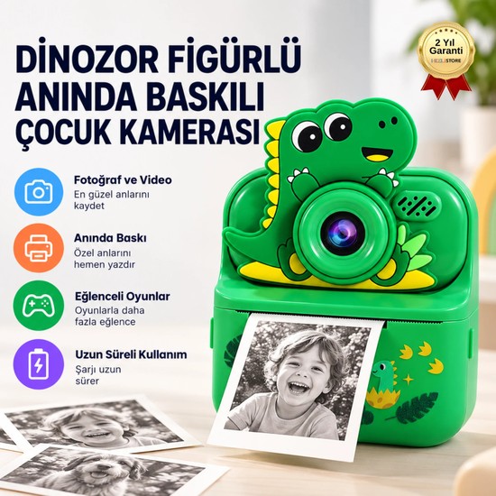 Hızlı Store Dinozor Figürlü Anında Baskılı Çocuk Kamerası