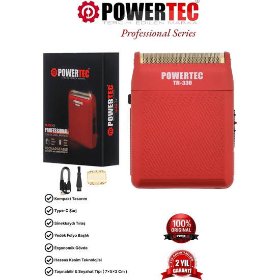Powertec TR-330 Profesyonel Type-C Şarjlı Günlük Sakal Tıraş Makinesi Sinekkaydı Tıraş ve Erkek Bakım
