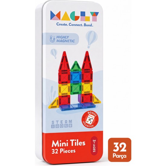 Magly Mini Tiles - Seyahat Boy Manyetik Yapı Blokları - Çocuklar Için Metal Kutulu 32 Parça Mini Manyetik Oyun Seti
