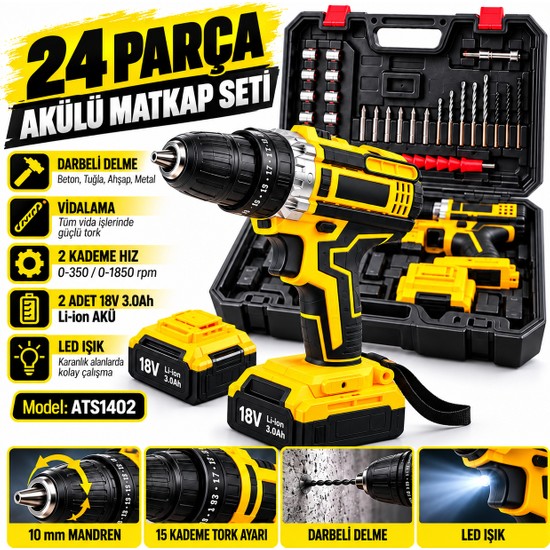 Alpotekno 24 Parça Darbeli Şarjlı Matkap Seti 18V Çift Akülü 3.0AH Li-Ion Vidalama ve Delme Makinesi Taşıma Çantalı