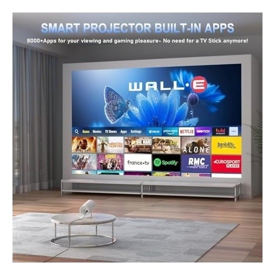 Prime Mini Taşınabilir Projektör 4K 1080P Full Hd 11 ve Netflix ile Uyumlu, Wifi 6, Bt 5.0, 180° Dönme, Otomatik Trapez Düzeltmeli Küçük Ev Sineması P