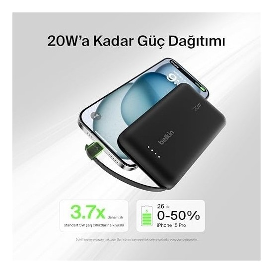 Çelik Ticaret Boostcharge Power Bank, Entegre Kablolu Taşınabilir Şarj Cihazı 10K Pd 20W - Usb-C Güç Dağıtımı, Power Bank 17 Serisi, iPad Pro, Galaxy S25 ve Daha Fa