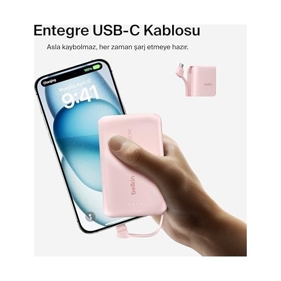 Çelik Ticaret Boostcharge Power Bank, Entegre Kablolu Taşınabilir Şarj Cihazı 10K Pd 20W - Usb-C Güç Dağıtımı, Power Bank 17 Serisi, iPad Pro, Galaxy S25 ve Daha Fa
