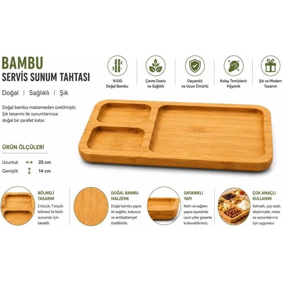 3 Bölmeli Bambu Ahşap Servis Sunum Tahtası-Çerez Kahvaltılık Peynir Sunum Tabağı