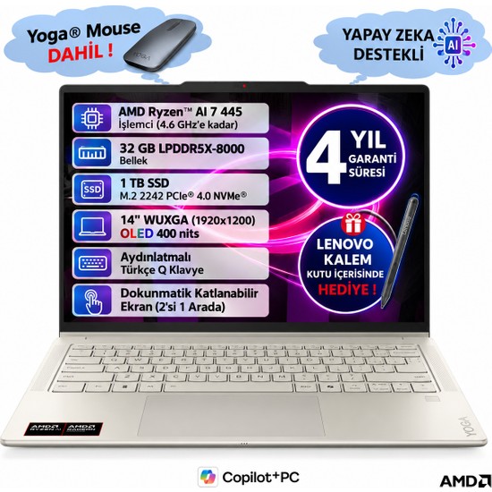 Lenovo Yoga 7 2-In-1 14AGP11 Ryzen Aı 7 445 32GB 1tb 14" OLED Touch Freedos 83TD005QTR Taşınabilir Bilgisayar