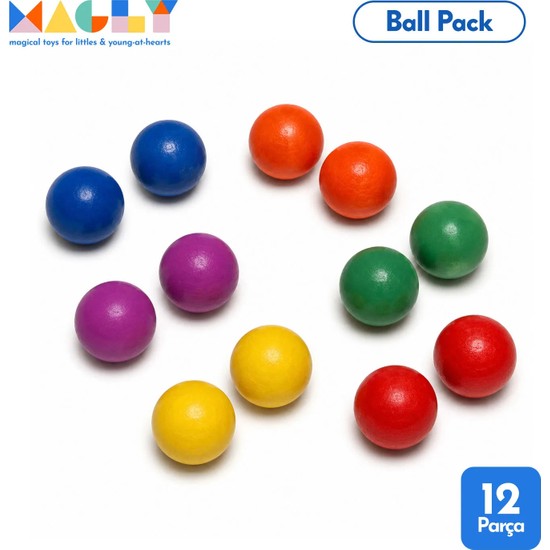 Magly Ball Pack Top Seti – Ball Run ile Uyumlu Top Eklentisi - Çocuklar Için 12 Adet Renkli Ahşap Top