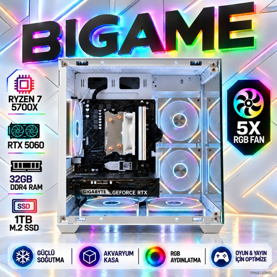 BiGame Forge V4 Ryzen 7 5700X Rtx 5060 32GB Ram 1tb M2 SSD White Gaming Sistem