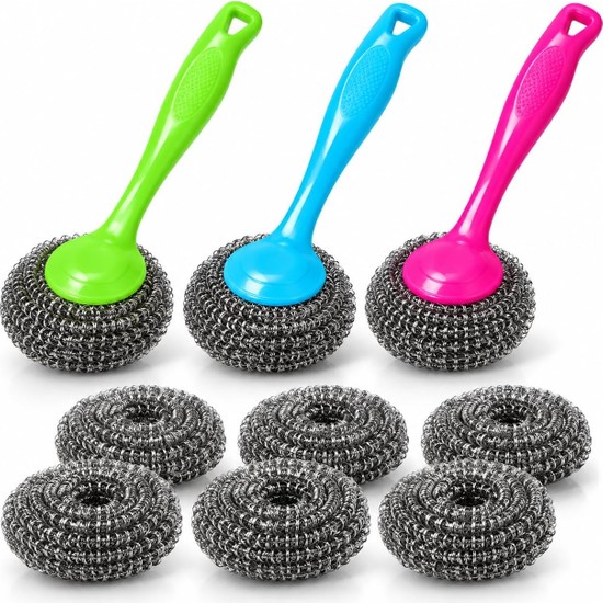 Gy Atelier ® 3'lü Saplı Bulaşık Teli Seti, Metal Temizlik Topu ve Değiştirilebilir Yedek Tel Başlık, Renkli Plastik Saplı Tencere Tava Ocak Lavabo Temizleme Teli