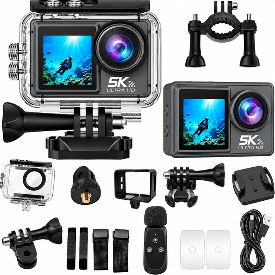 Die Grup 5k Ultra Hd Aksiyon Kamera Çift Ekranlı Dokunmatik Ekran Wi-Fi Bağlantılı Spor ve Vlog Kamerası Su Geçirmez Kılıflı Geniş Açı Outdoor Kamera Aksesuar Setli Aksiyon Kamerası 64GB Hafıza Kartı