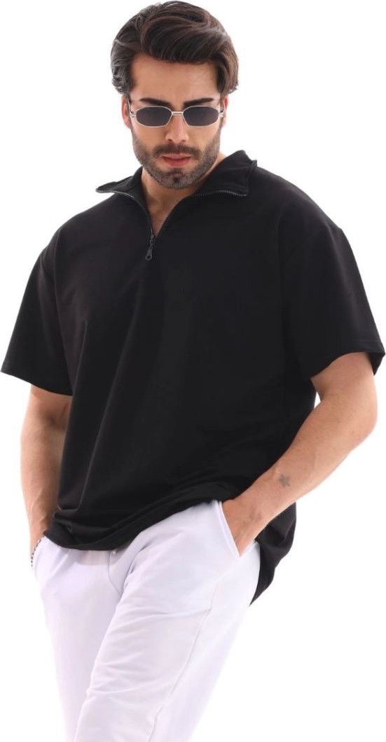 Fantastik Store Erkek Yarım Fermuarlı Düz Oversize T-Shirt - Siyah görsel 3