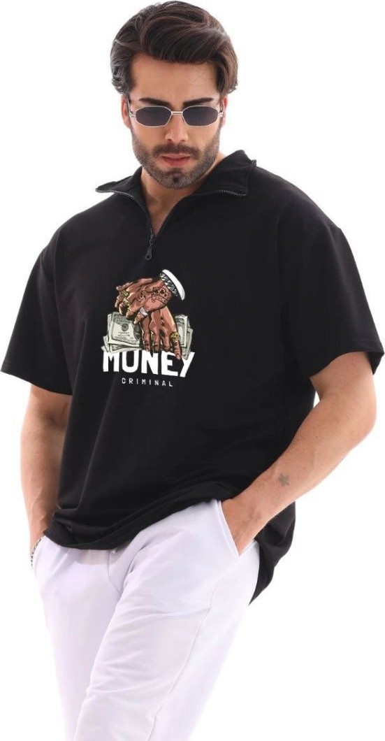 Fantastik Store Erkek Yarım Fermuarlı Oversize Baskılı T-Shirt - Siyah