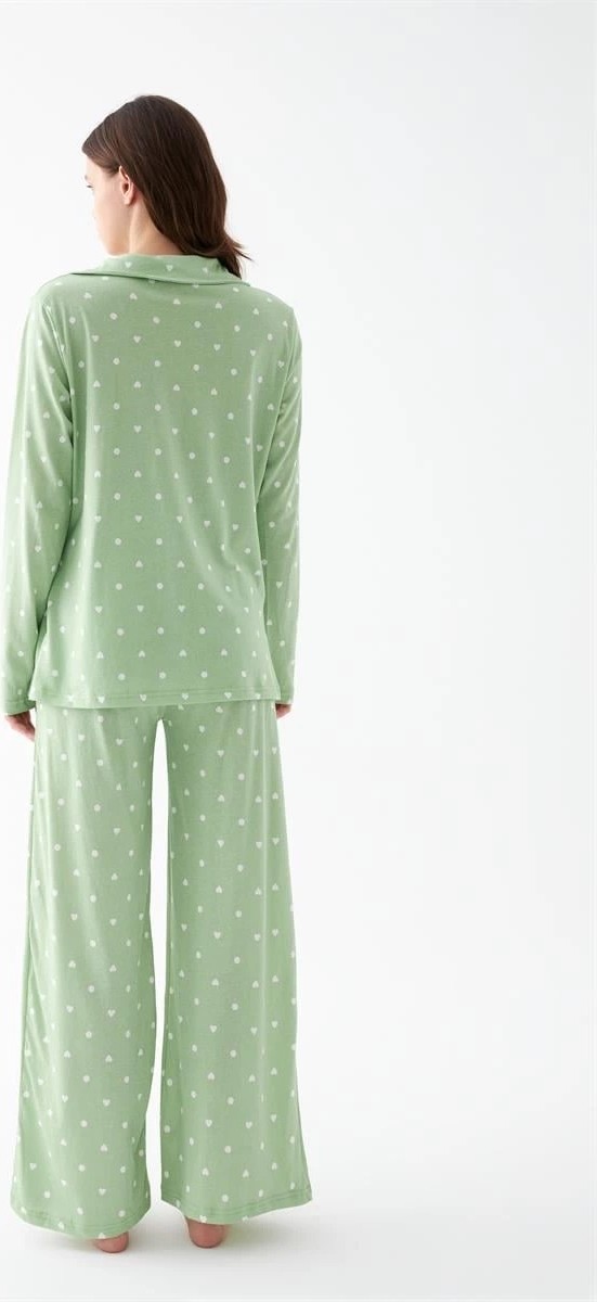 mery Kadın Yeşil Kalp Desenli Düğmeli Pamuklu Pijama Takımı Mery görsel 5